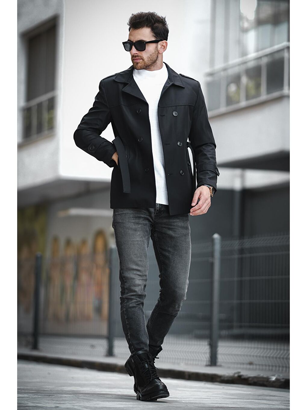 Siyah Lusaka Su İtici Slim Fit Kemer Detaylı Trençkot