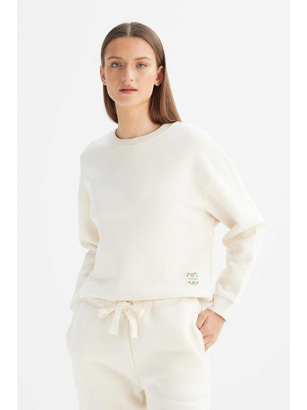 Relaxed Fit Geniş Kesim Bisiklet Yaka İçi Polarlı Ekru Sweatshirt-2