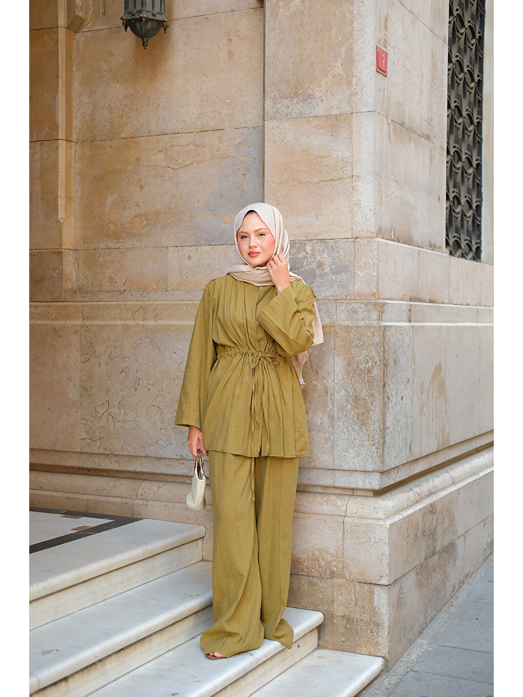 Kadın Taş Detaylı İkili Takım Yağ Yeşil-3