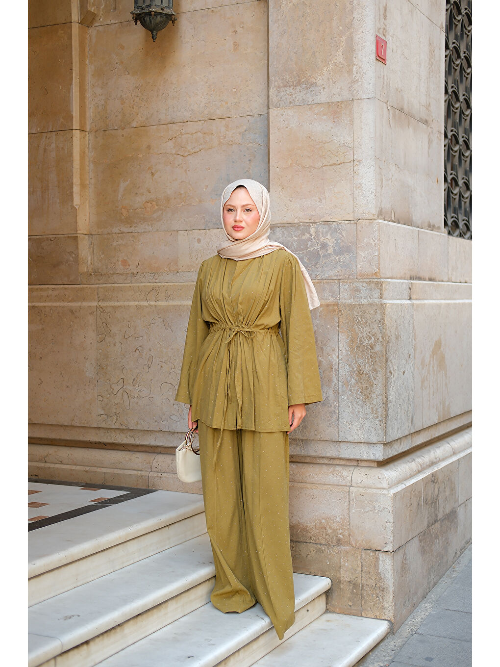 Kadın Taş Detaylı İkili Takım Yağ Yeşil-4