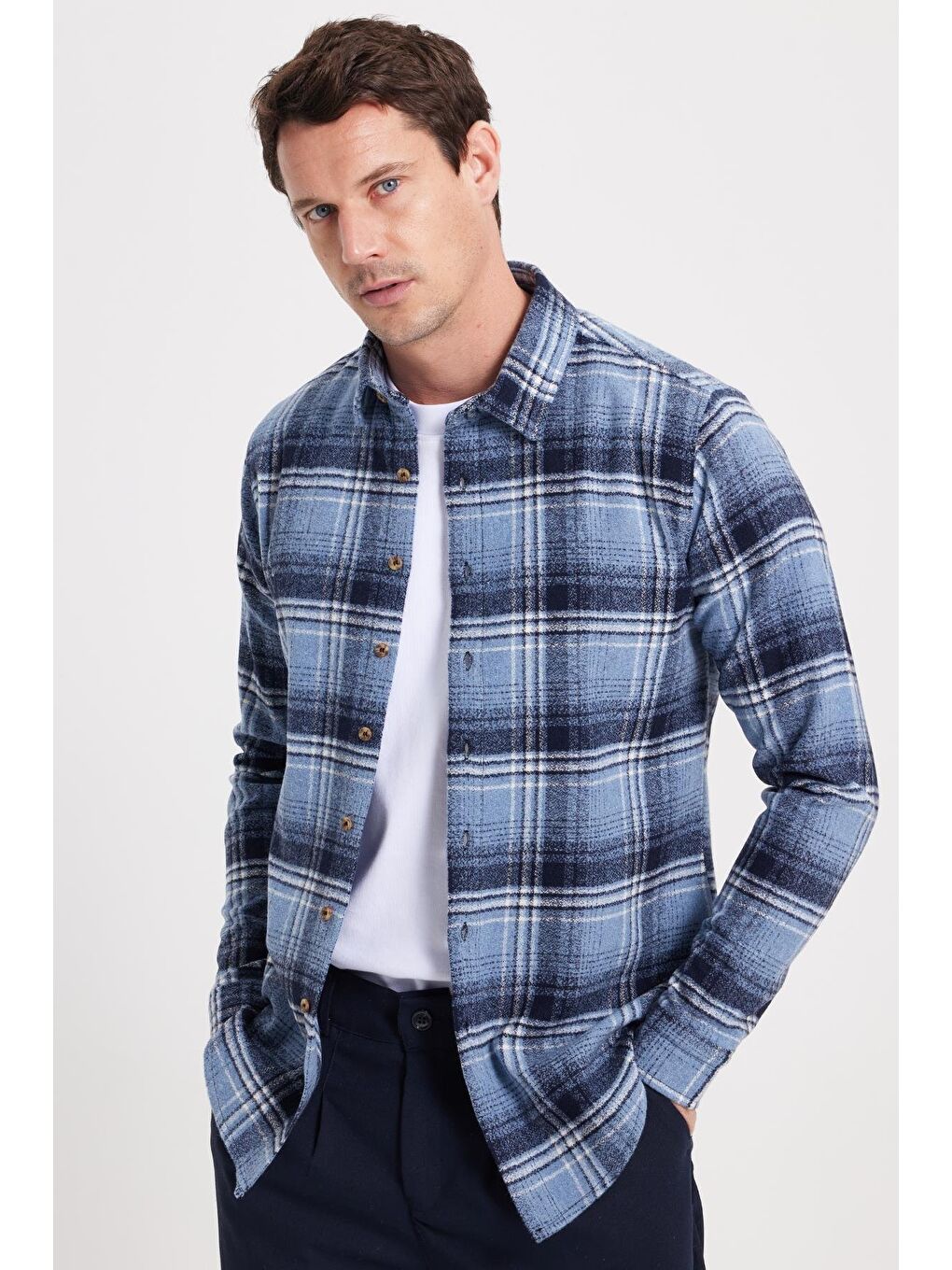 Mavi Erkek Slim Fit Dar Kesim Kareli Kışlık Oduncu Gömlek-6