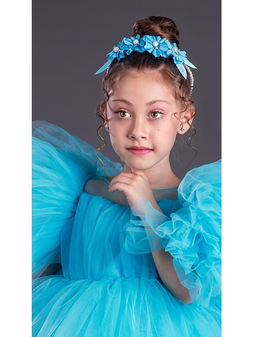 Turkuaz Tütü Etekli Kabarık Kollu Komotini Taçlı Kız Çocuk Abiye Elbise MNK0582-8