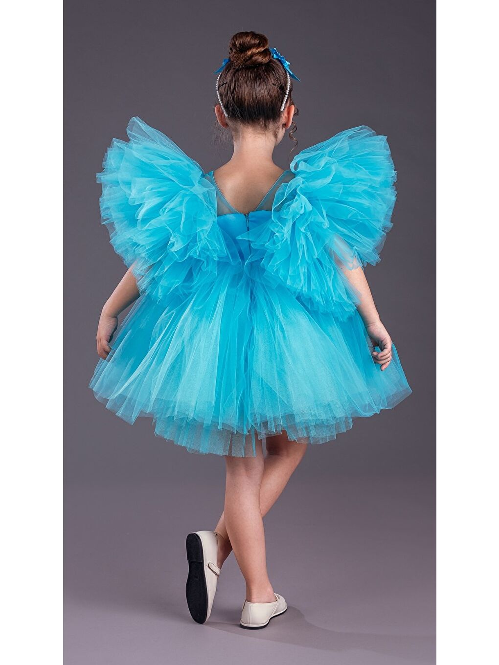 Turkuaz Tütü Etekli Kabarık Kollu Komotini Taçlı Kız Çocuk Abiye Elbise MNK0582-9