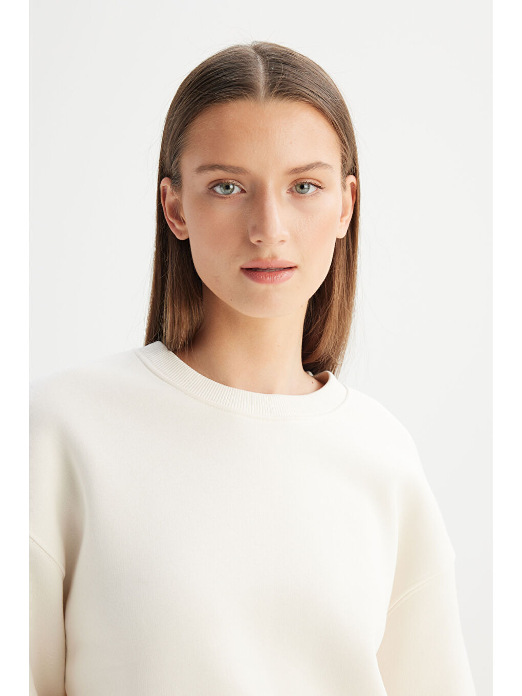 Relaxed Fit Geniş Kesim Bisiklet Yaka İçi Polarlı Ekru Sweatshirt-3