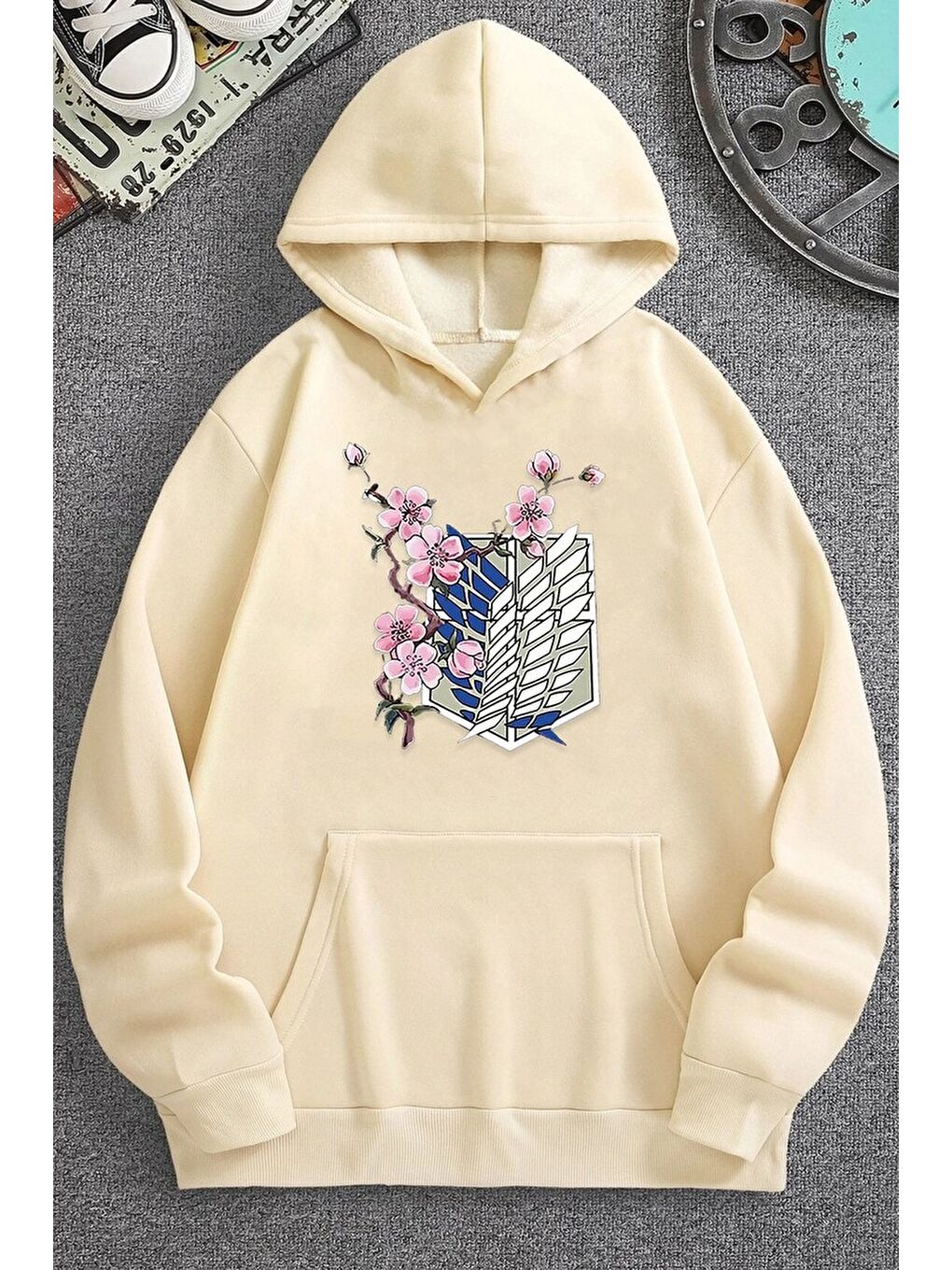 uyguntarz Bej Unisex Flowers Baskılı Sweatshirt