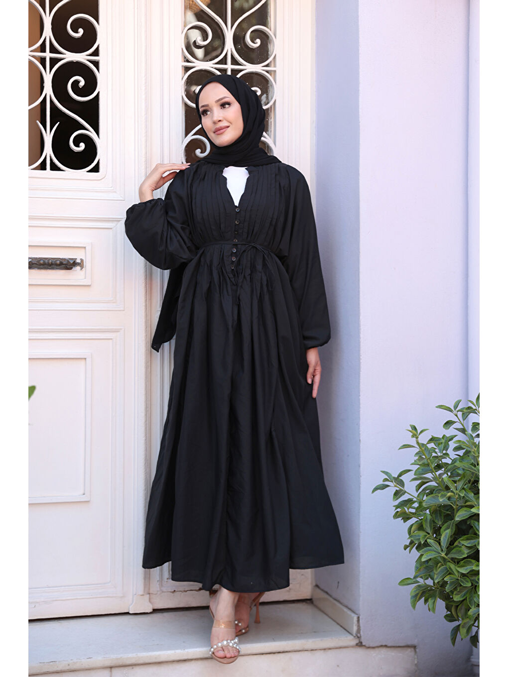 Kadın Ön Büzgülü Elbise  Siyah-1