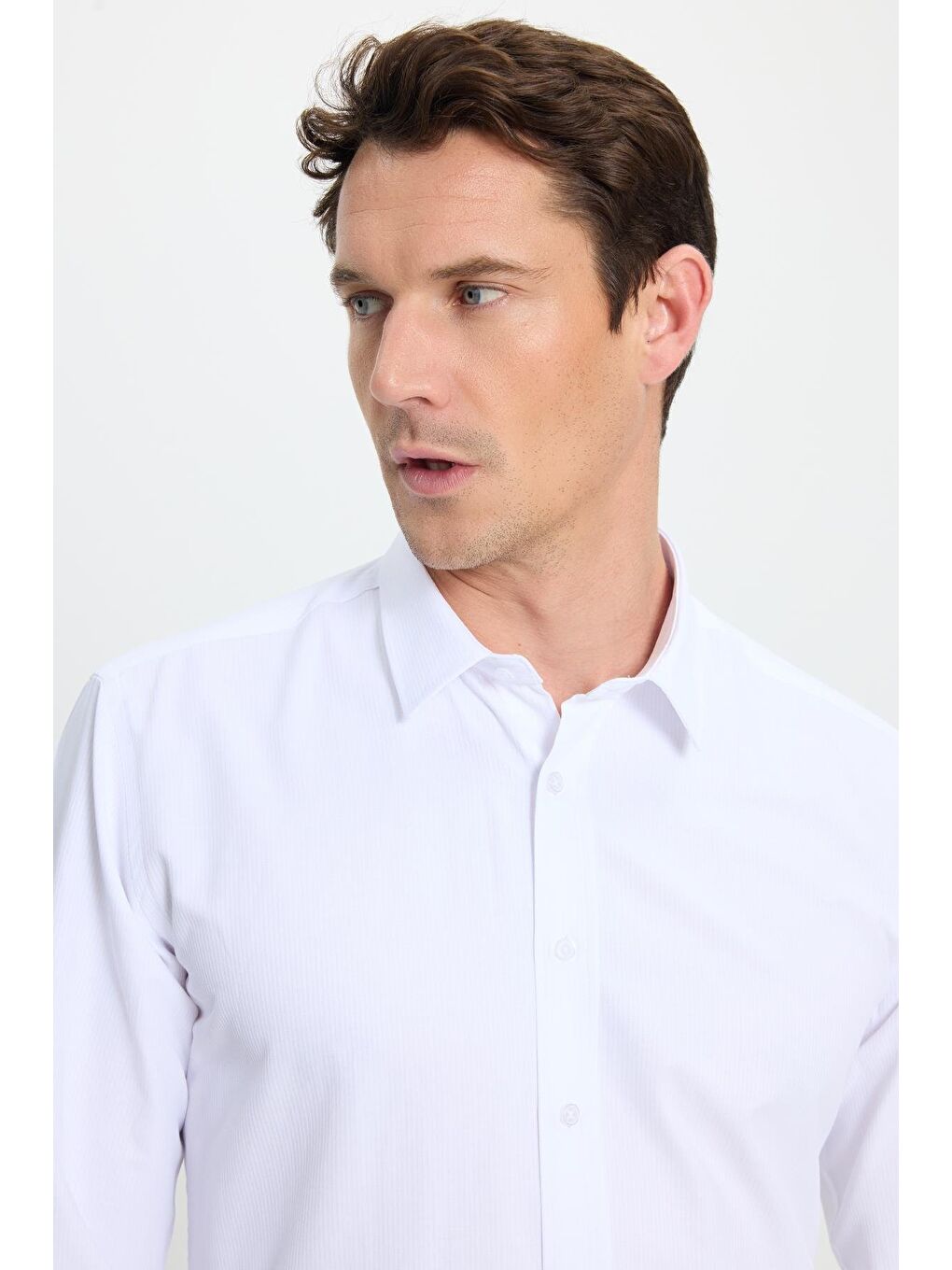 Modern Slim Fit Uzun Kollu Pamuklu Kolay Ütü Armürlü Beyaz Erkek Gömlek-1