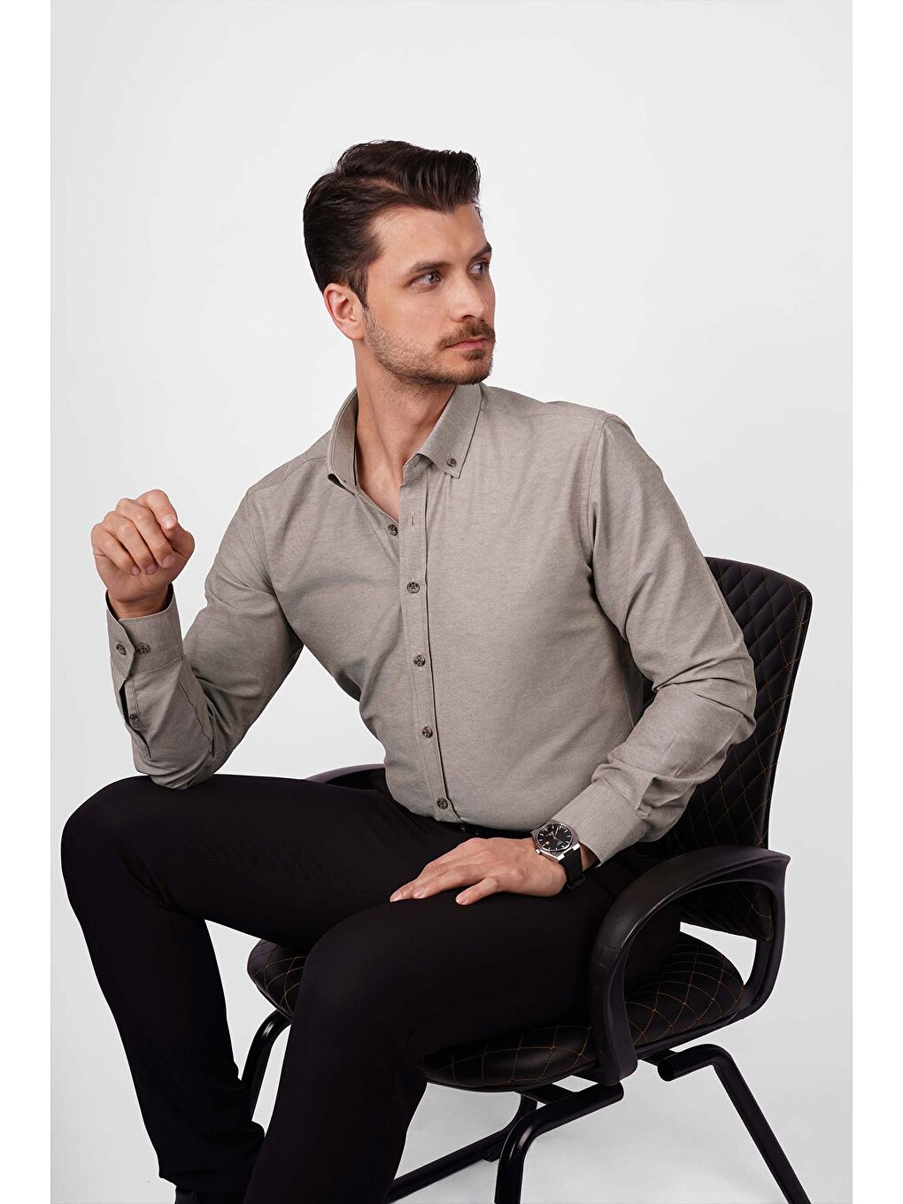 Kahverengi Açık Kahve Yaka Düğmeli Premium Şamre Slimfit Erkek Gömlek-1