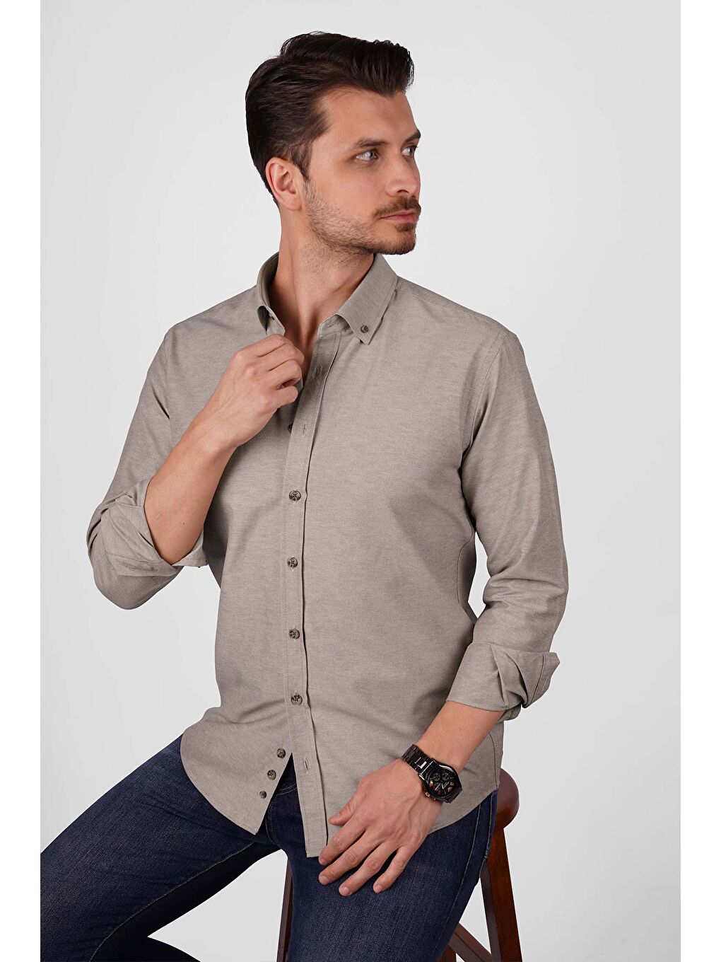 Kahverengi Açık Kahve Yaka Düğmeli Premium Şamre Slimfit Erkek Gömlek-2