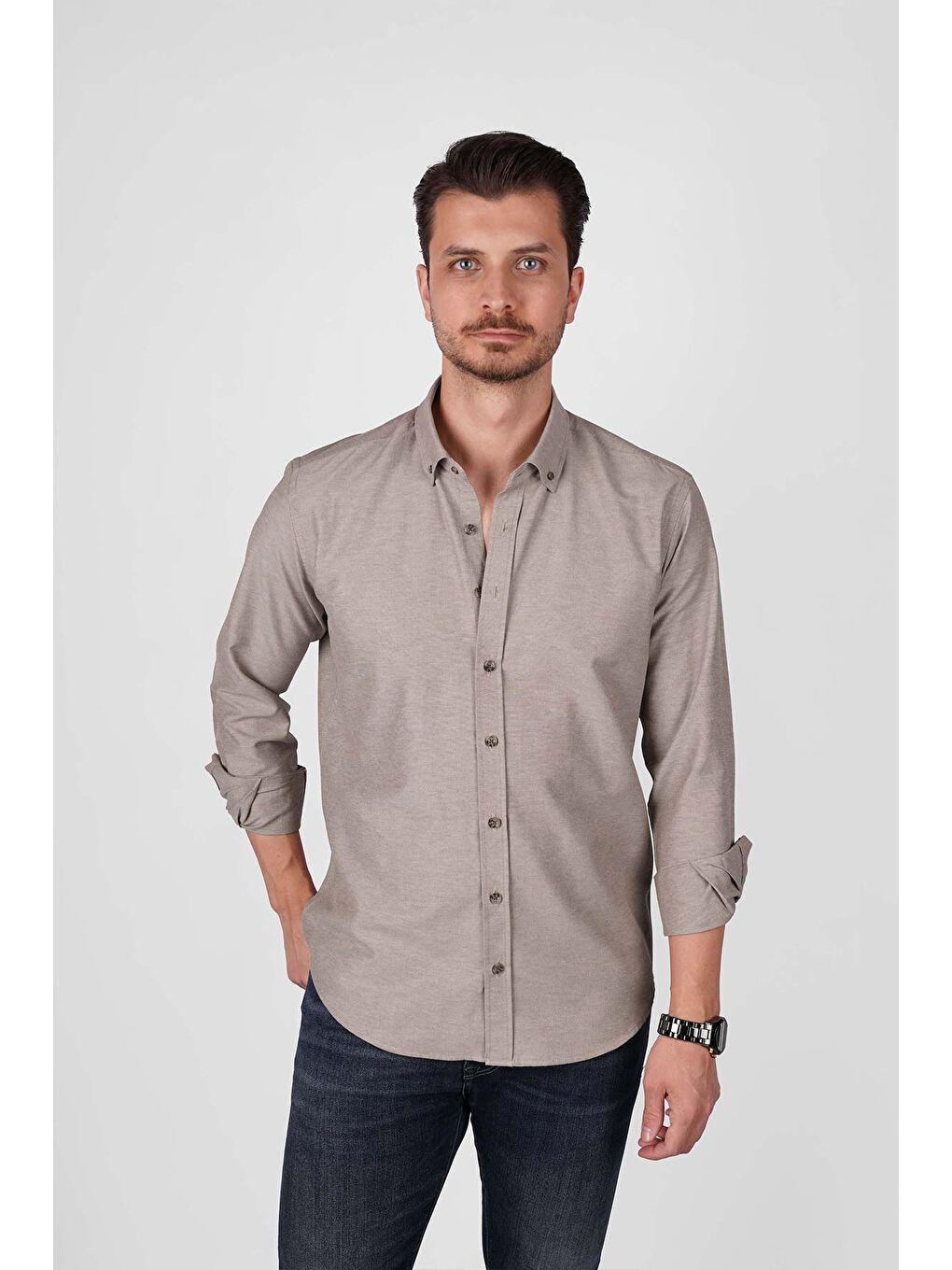 Kahverengi Açık Kahve Yaka Düğmeli Premium Şamre Slimfit Erkek Gömlek-3