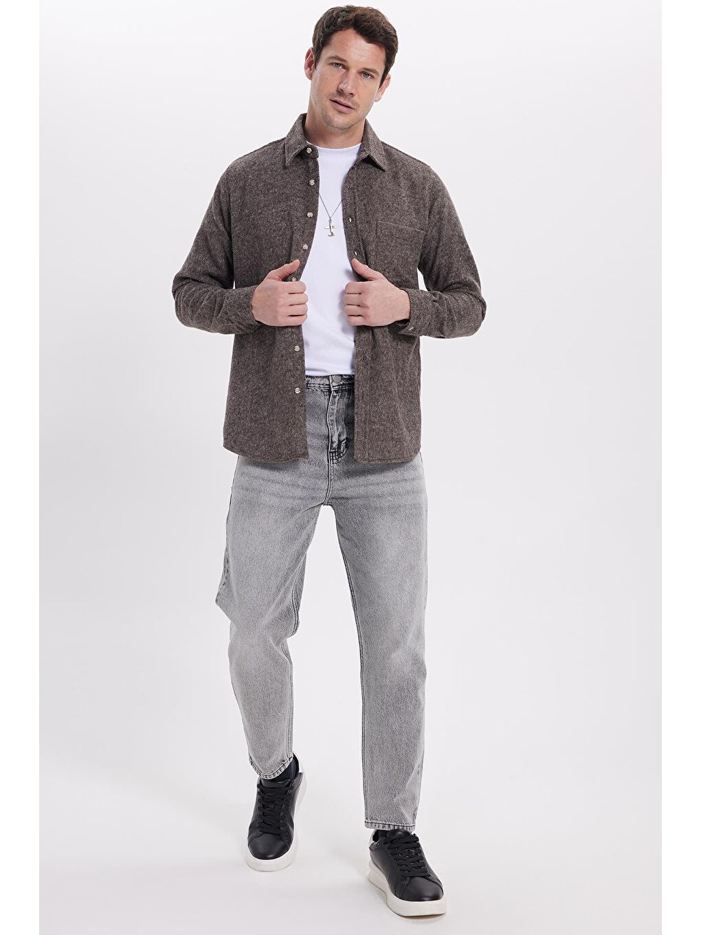 Erkek Regular Fit Klasik Kesim Düz Cepli Koyu Kahverengi Oduncu Gömlek-3