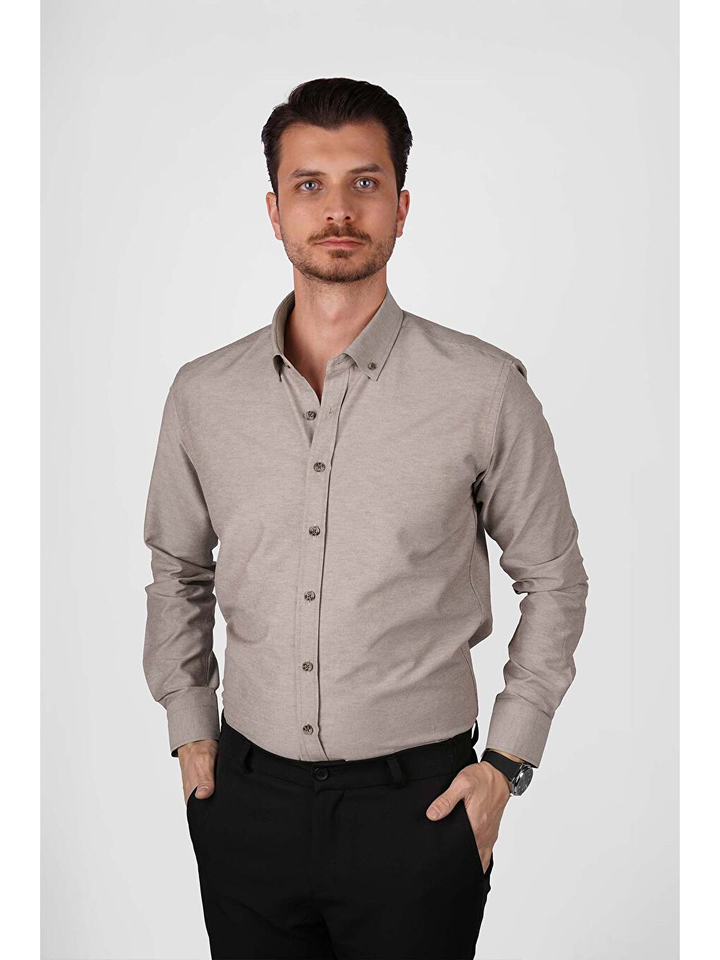 Kahverengi Açık Kahve Yaka Düğmeli Premium Şamre Slimfit Erkek Gömlek-5