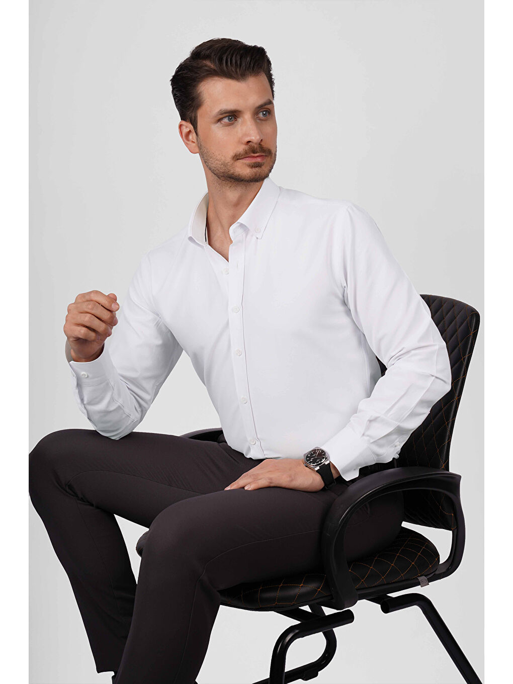 Beyaz Yaka Düğmeli Premium Şamre Slimfit Erkek Gömlek-1