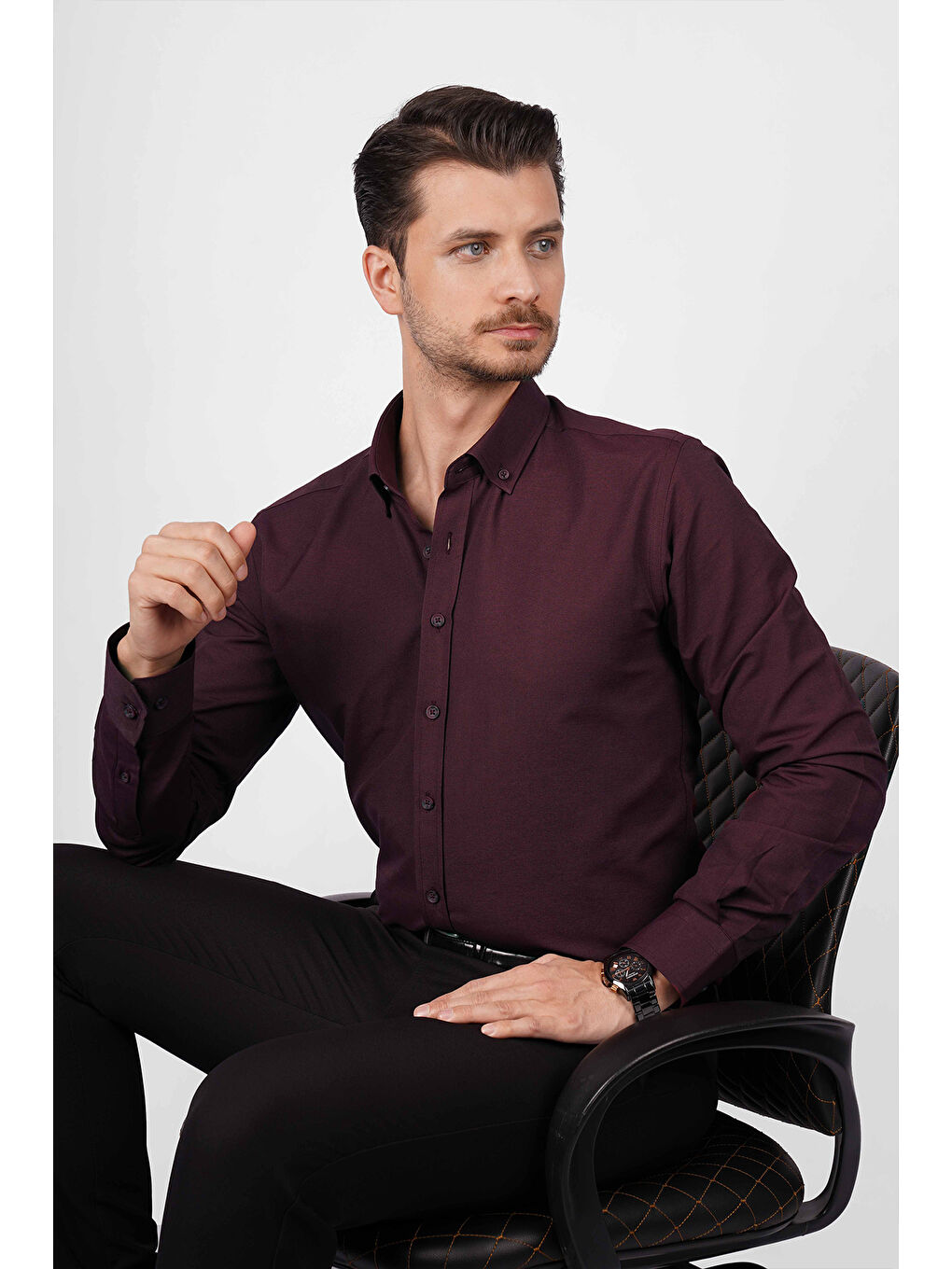 Koyu Bordo Yaka Düğmeli Premium Şamre Slimfit Erkek Gömlek-1