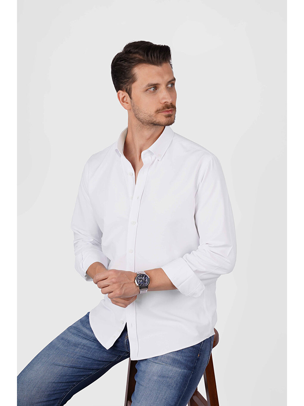 Beyaz Yaka Düğmeli Premium Şamre Slimfit Erkek Gömlek-2