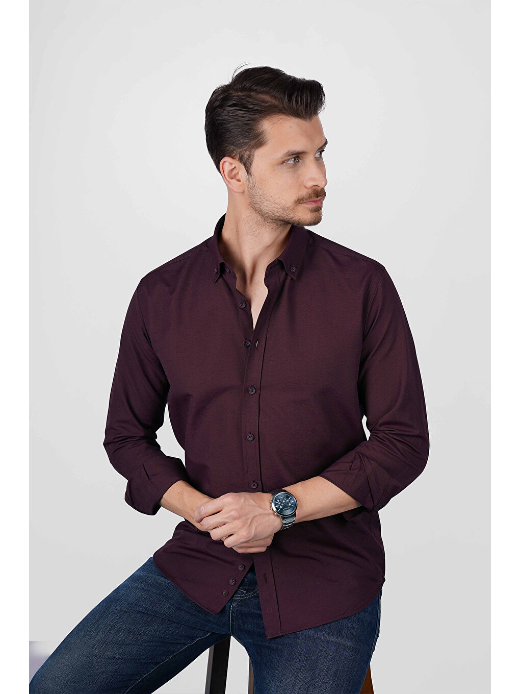 Koyu Bordo Yaka Düğmeli Premium Şamre Slimfit Erkek Gömlek-2