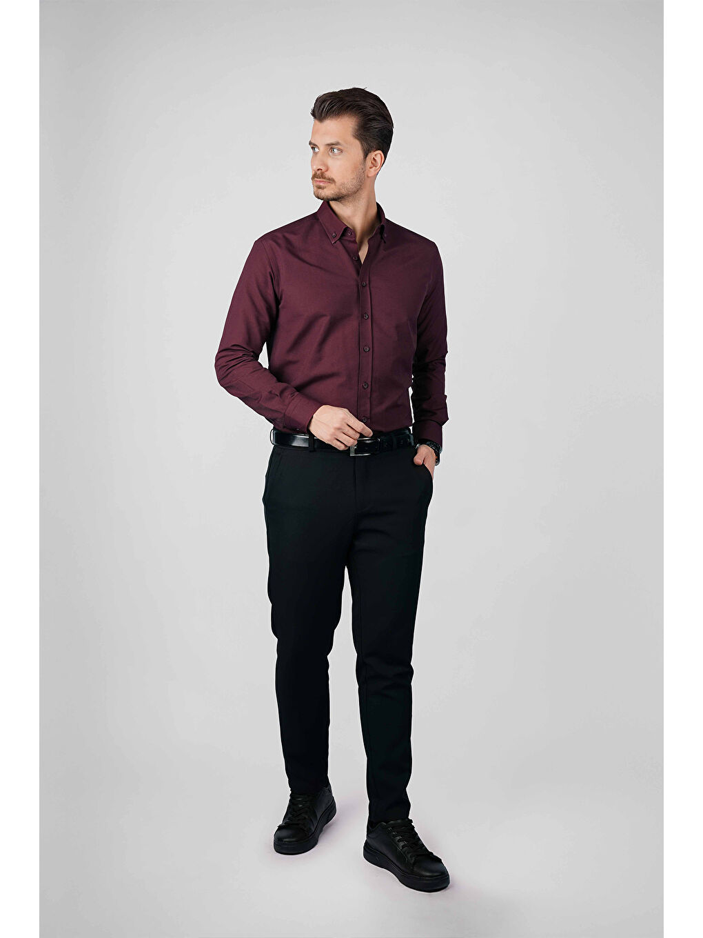 Koyu Bordo Yaka Düğmeli Premium Şamre Slimfit Erkek Gömlek-3