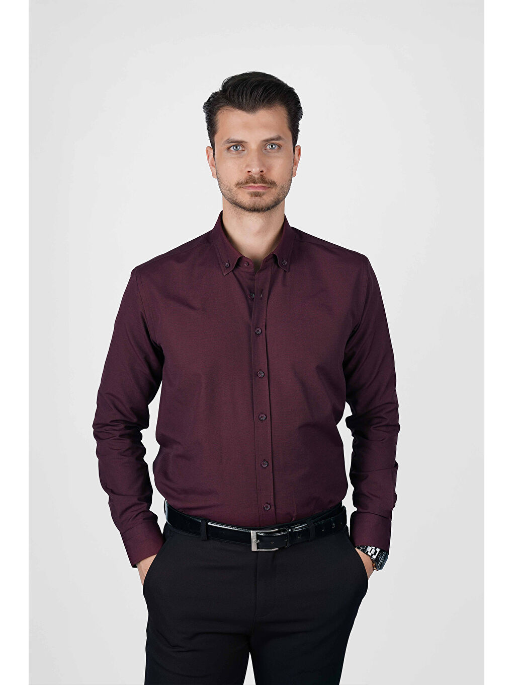 Koyu Bordo Yaka Düğmeli Premium Şamre Slimfit Erkek Gömlek-5