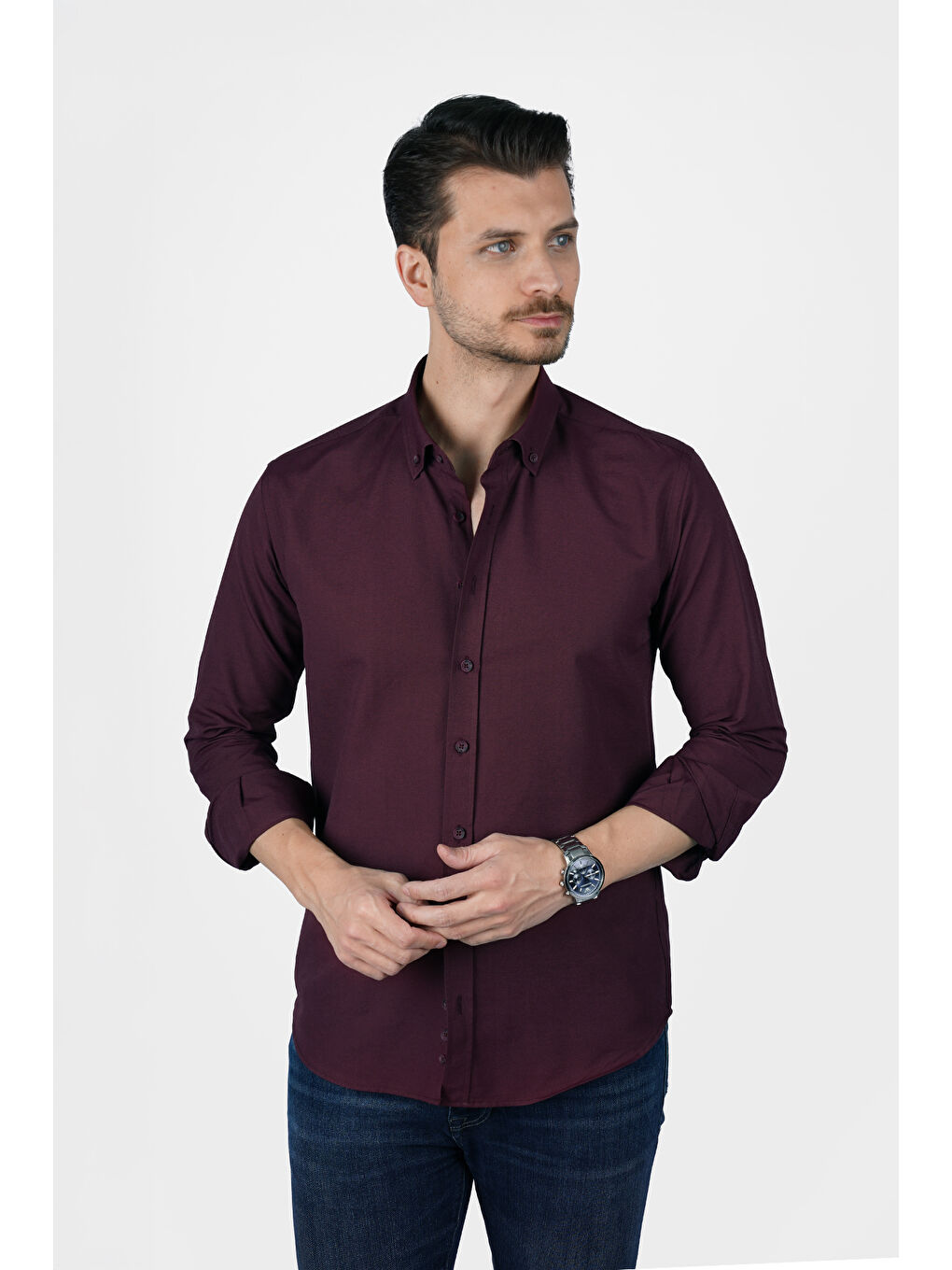 Koyu Bordo Yaka Düğmeli Premium Şamre Slimfit Erkek Gömlek-6