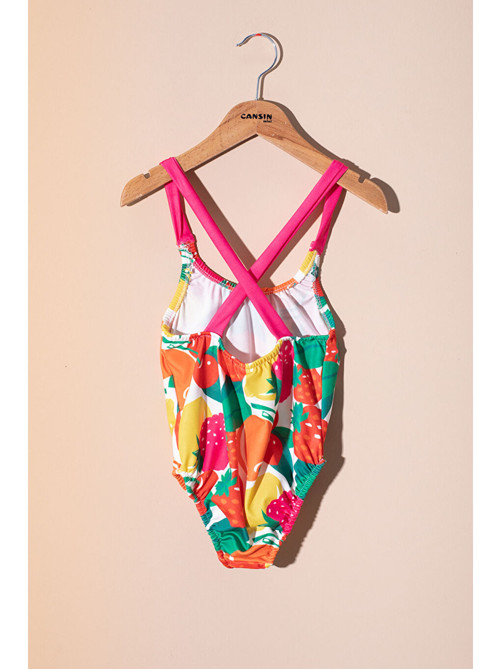 Pembe İp Askılı Meyve Desenli Kız Çocuk Mayo 21071-1