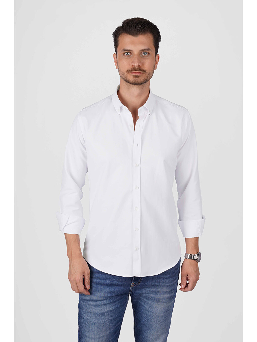 Beyaz Yaka Düğmeli Premium Şamre Slimfit Erkek Gömlek-5