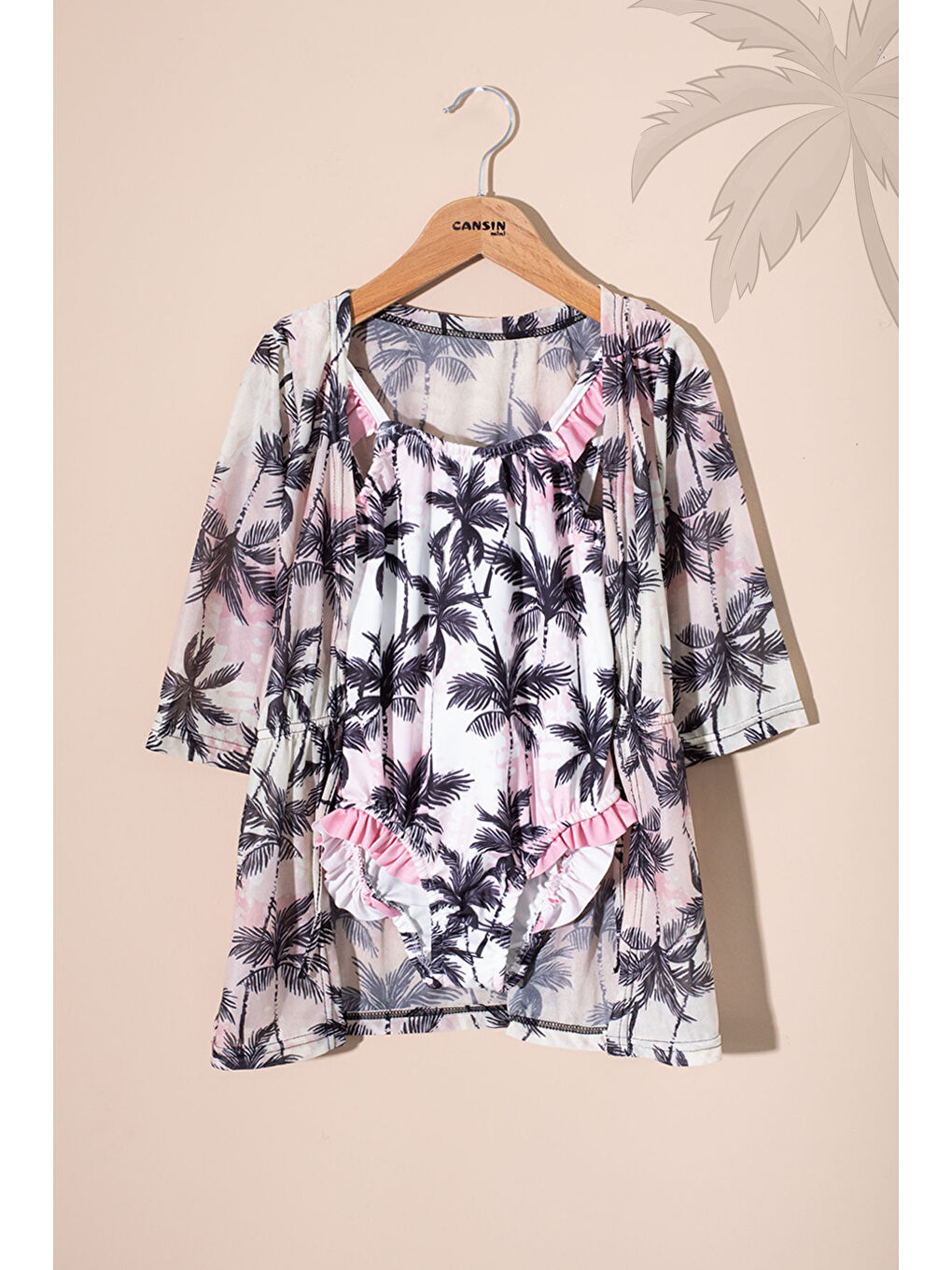 Bej Palmiye Desenli Fırfır Detaylı Kız Çocuk 2li Mayo Takımı 21074-1