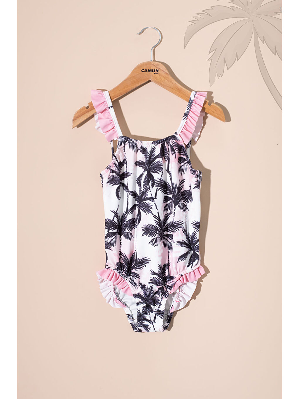 Bej Palmiye Desenli Fırfır Detaylı Kız Çocuk 2li Mayo Takımı 21074-2