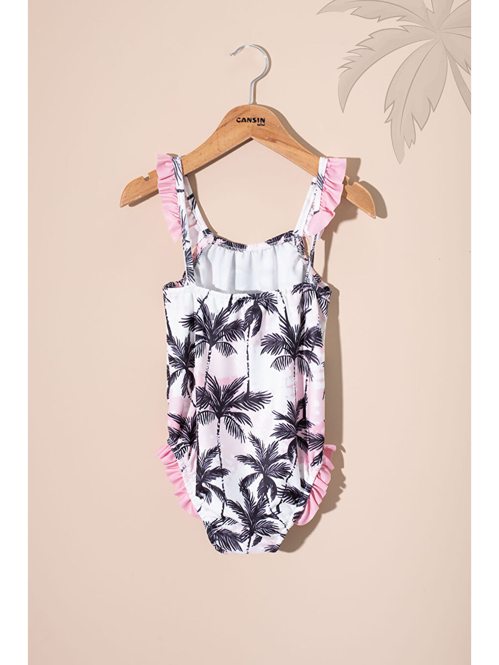 Bej Palmiye Desenli Fırfır Detaylı Kız Çocuk 2li Mayo Takımı 21074-3