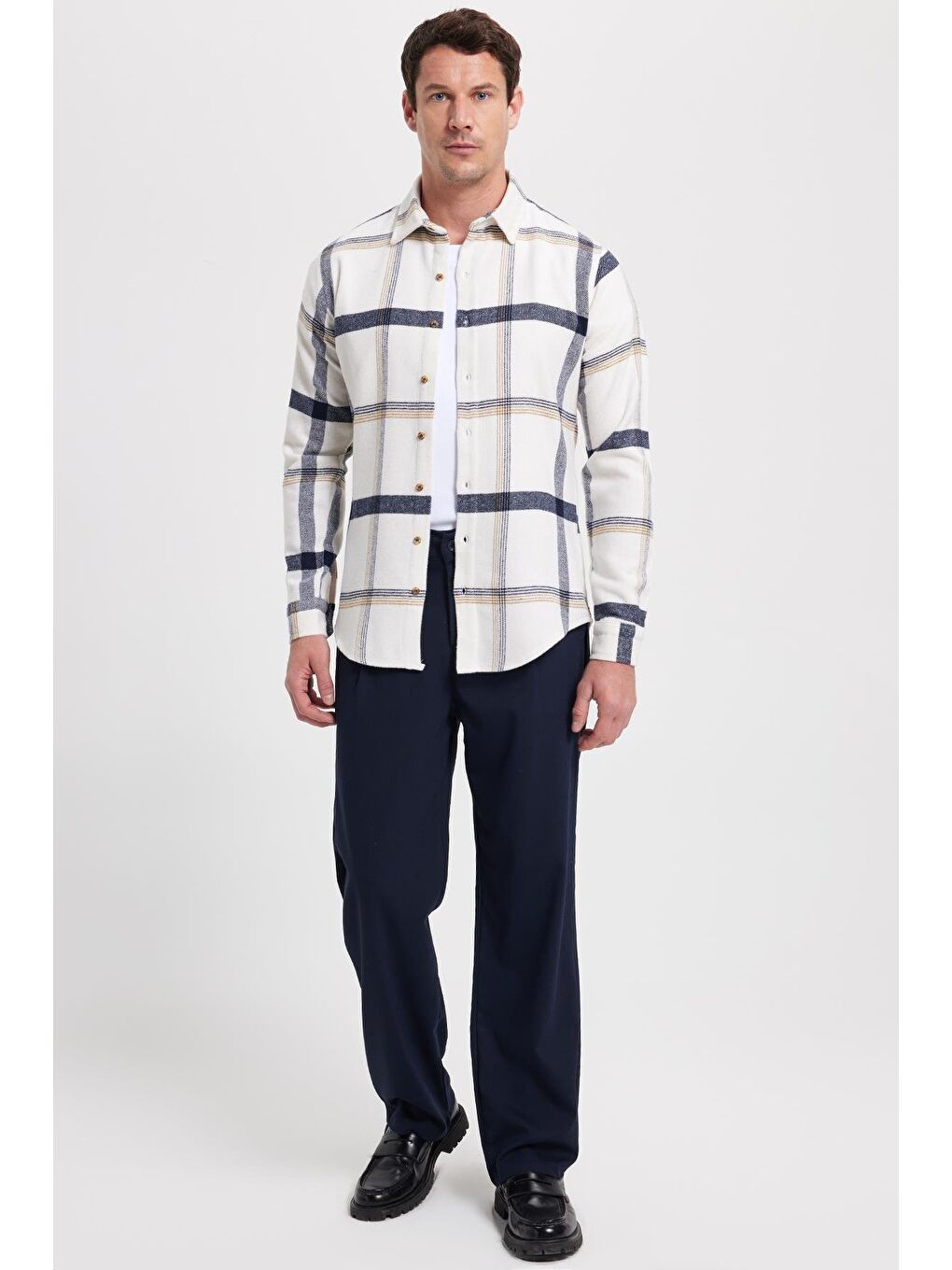 Ekru Erkek Slim Fit Dar Kesim Kareli Kışlık Oduncu Gömlek-1