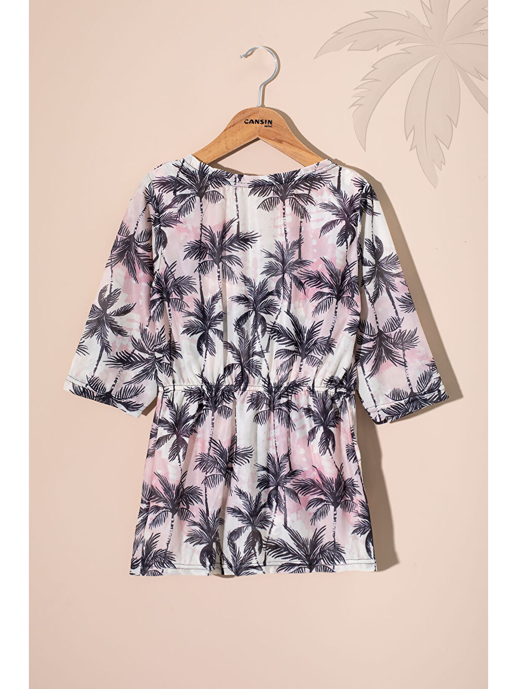 Bej Palmiye Desenli Fırfır Detaylı Kız Çocuk 2li Mayo Takımı 21074-4