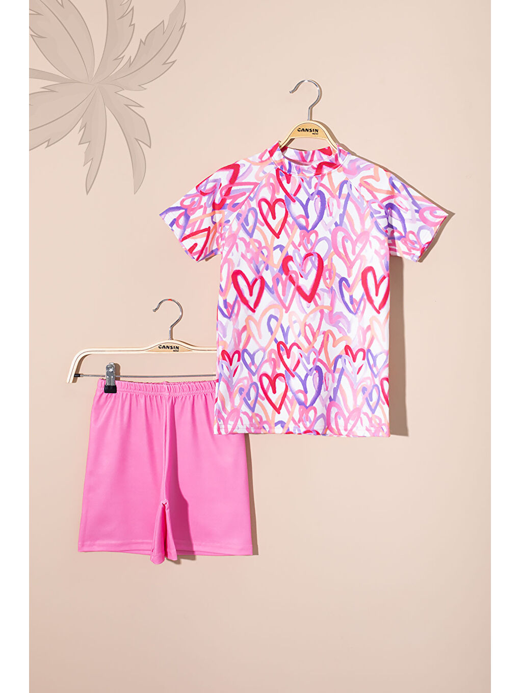 Pembe Kalp Desenli Kısa Kollu Kız Çocuk 2li Mayo Takımı 21073