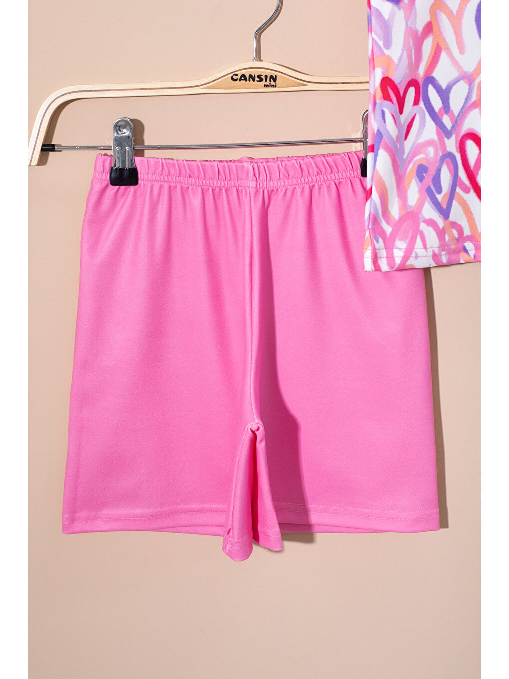 Pembe Kalp Desenli Kısa Kollu Kız Çocuk 2li Mayo Takımı 21073-1