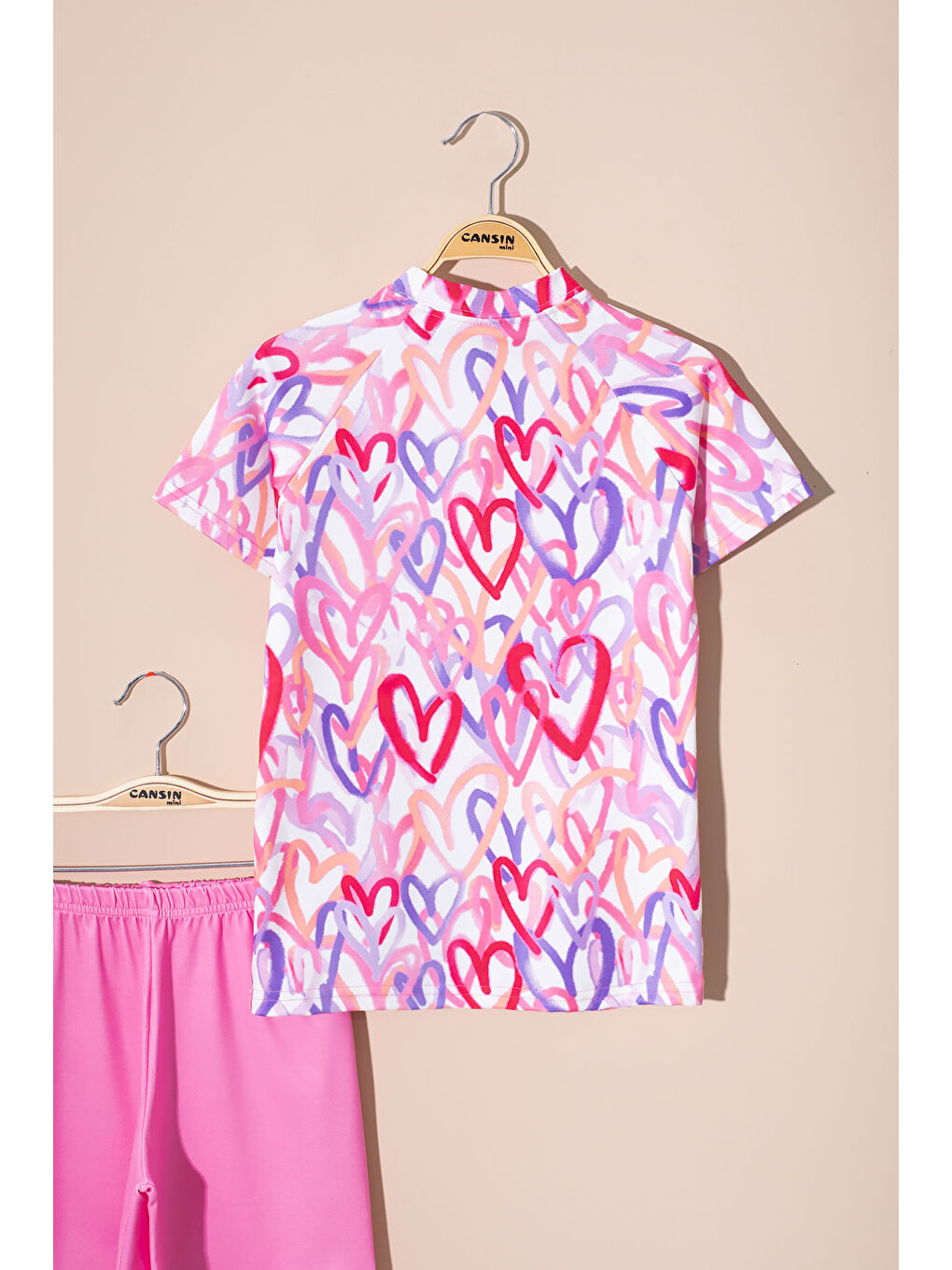 Pembe Kalp Desenli Kısa Kollu Kız Çocuk 2li Mayo Takımı 21073-2