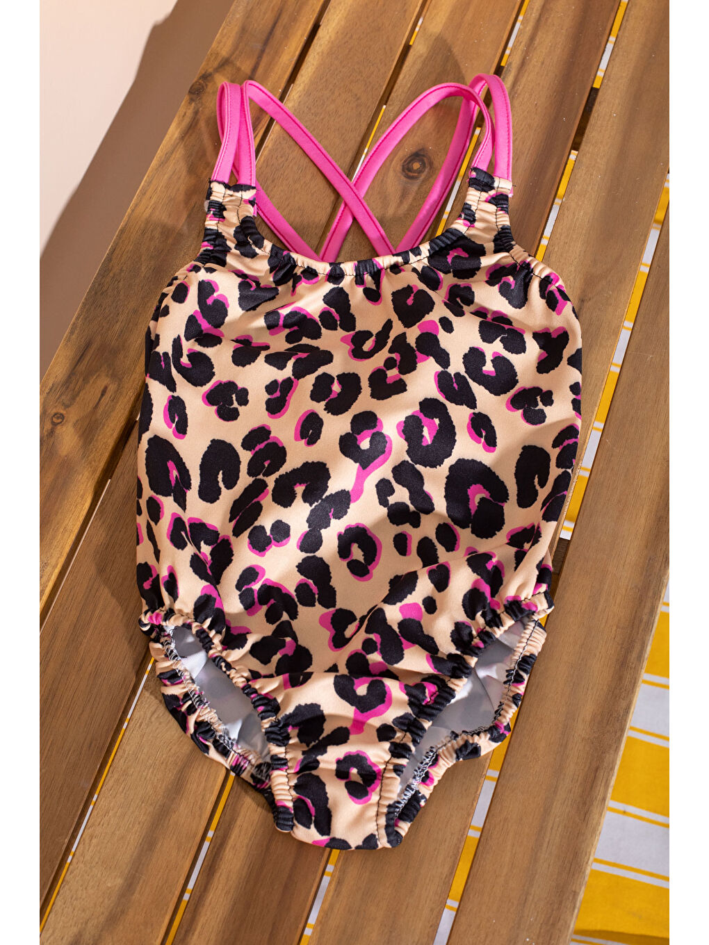 Kahverengi Kahve Leopar Desenli Askılı Kız Çocuk Mayo 21072-2