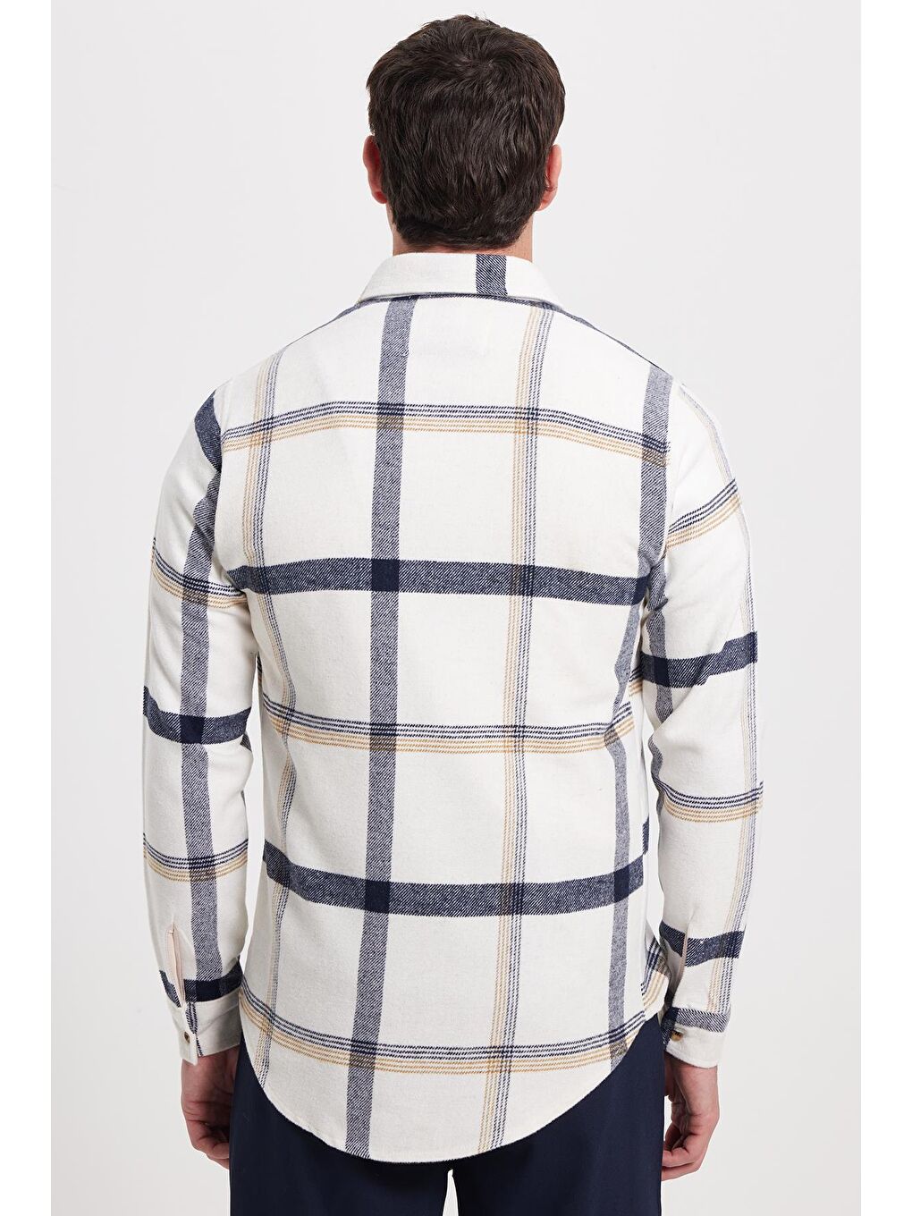 Ekru Erkek Slim Fit Dar Kesim Kareli Kışlık Oduncu Gömlek-5