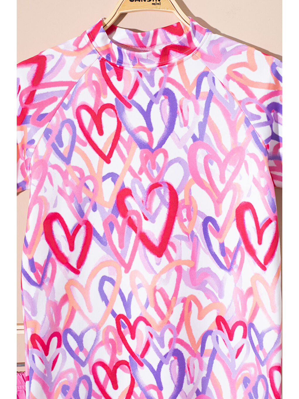 Pembe Kalp Desenli Kısa Kollu Kız Çocuk 2li Mayo Takımı 21073-3