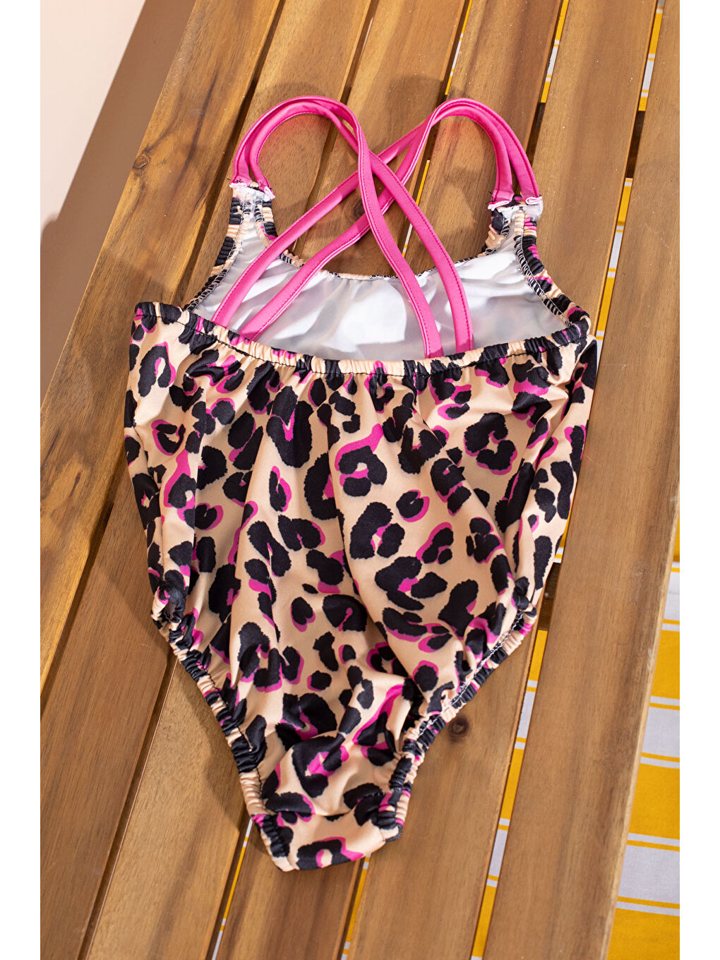 Kahverengi Kahve Leopar Desenli Askılı Kız Çocuk Mayo 21072-3