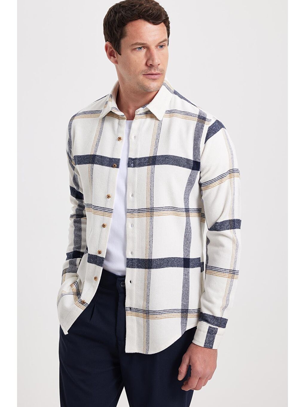 Ekru Erkek Slim Fit Dar Kesim Kareli Kışlık Oduncu Gömlek-6