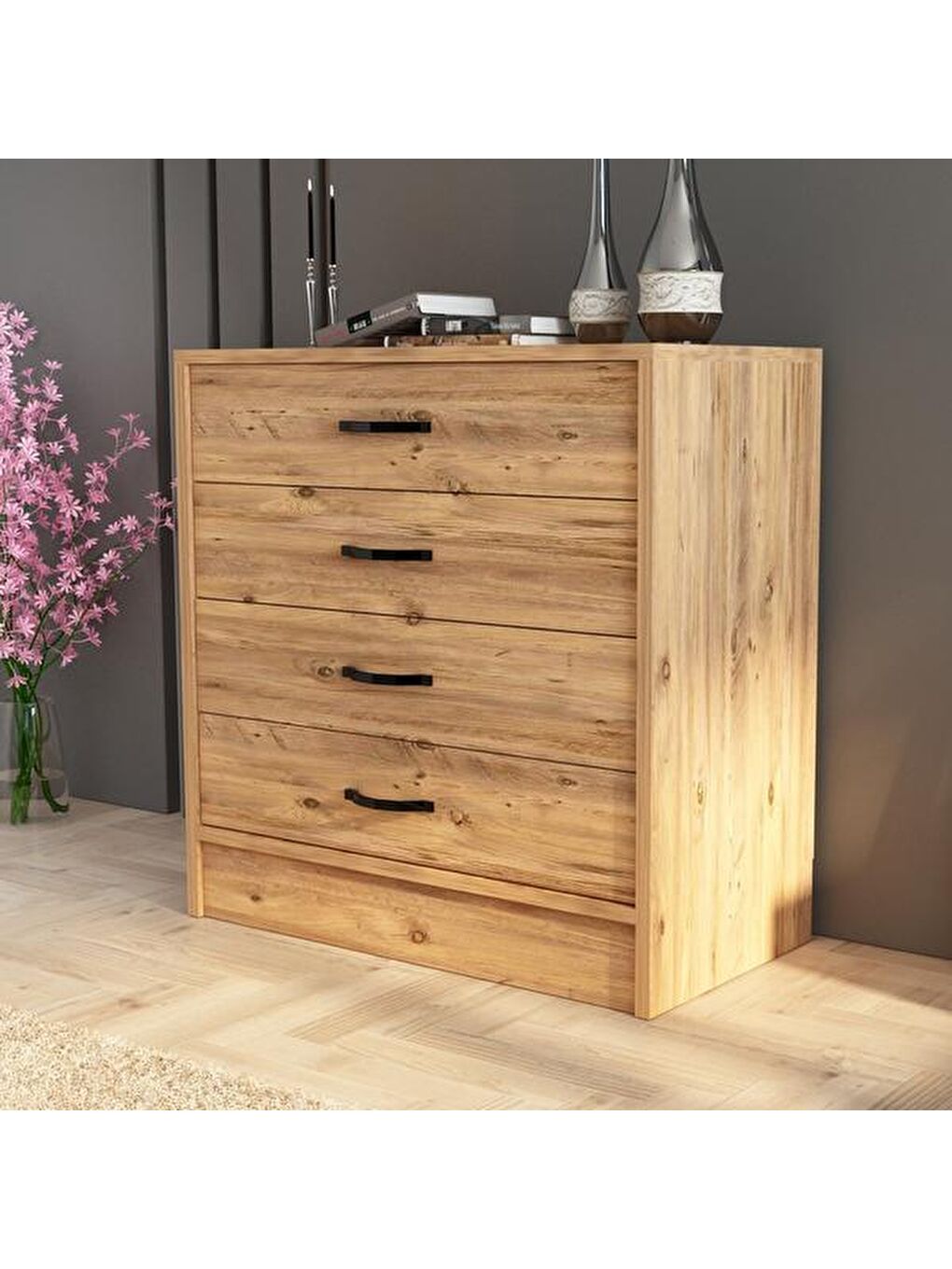 Kahverengi Amor 4 Çekmeceli Şifonyer - Atlantik Çam - 86 cm