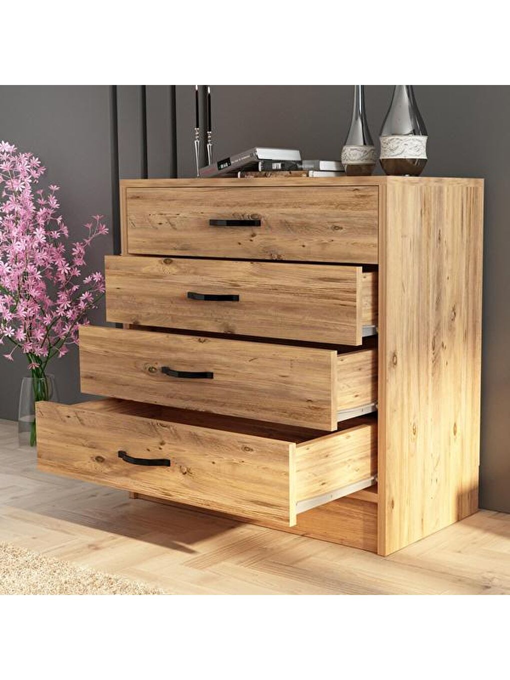 Kahverengi Amor 4 Çekmeceli Şifonyer - Atlantik Çam - 86 cm-2