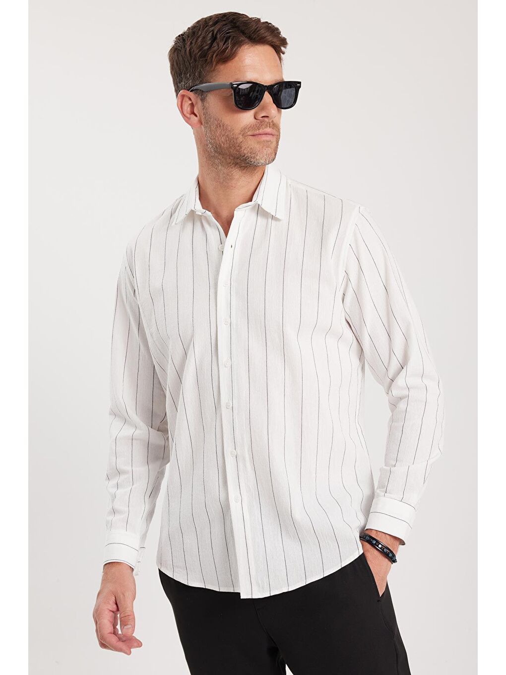 Karışık Erkek Regular Fit Klasik Kesim Spor Yaka Çizgili Pamuk Gömlek
