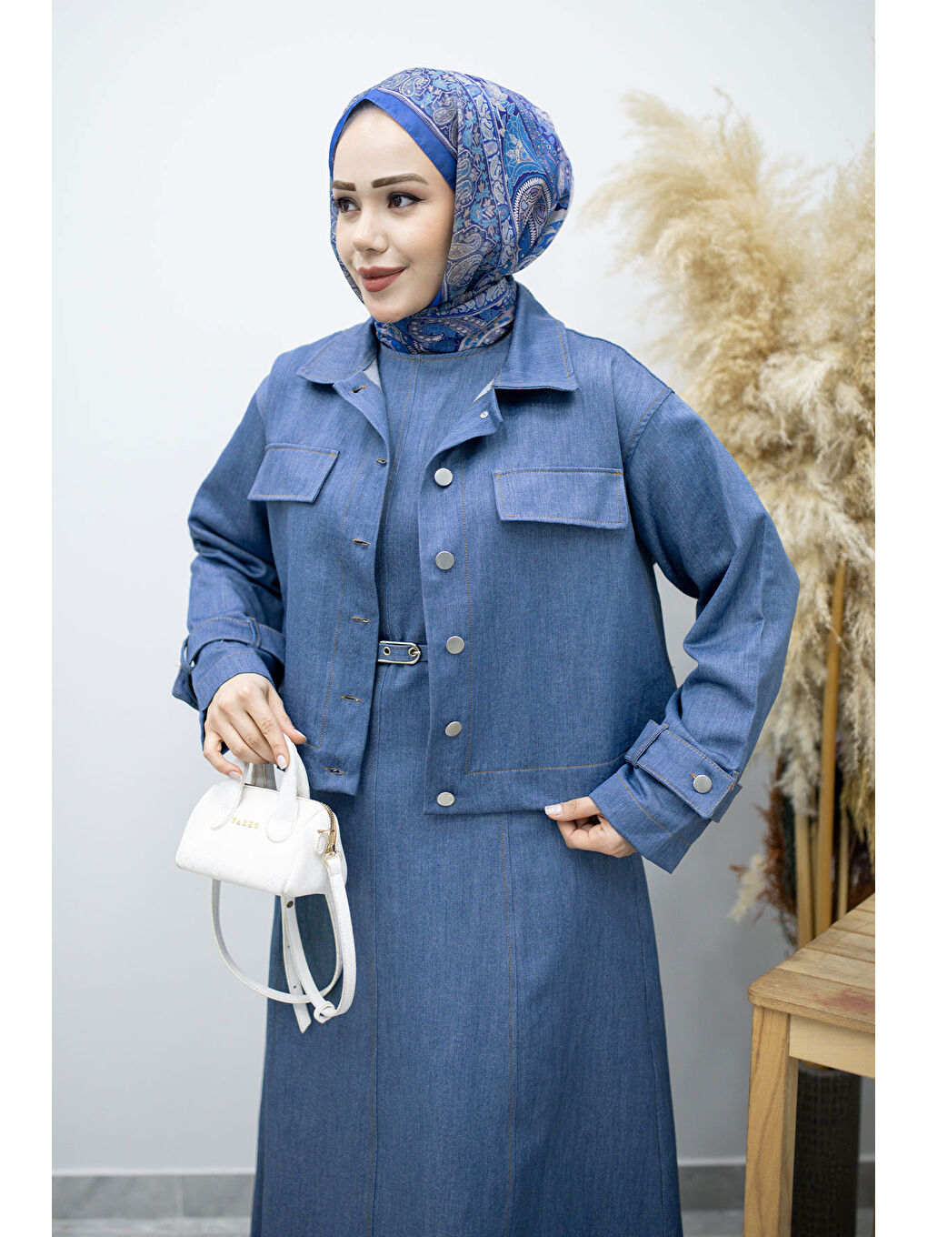 Kemerli Ceketli Denim Elbise TSD260164 Açık Mavi-1