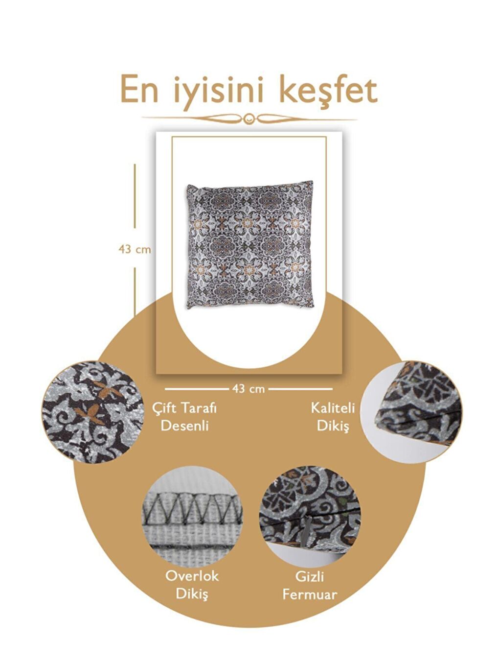 ÖZENEV Antrasit Desenli Kırlent Kılıfı Dekoratif Etnik Ikat Damask Inta-792 - 3