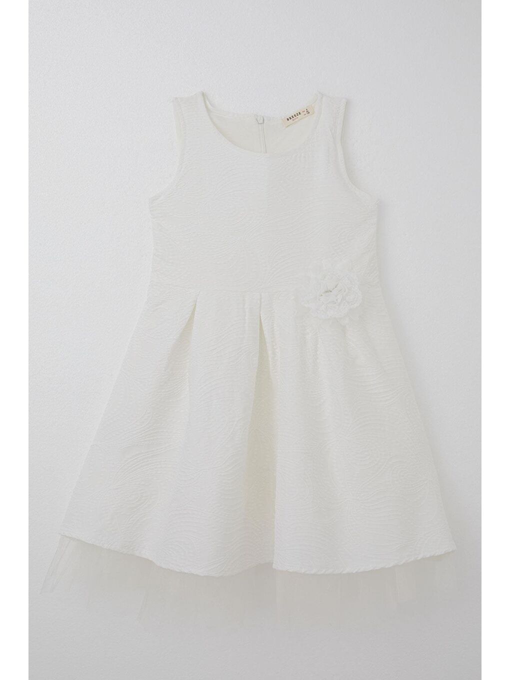 Kız Çocuk Elbise Kabartma Desenli Çiçek Aksesuarlı Ekru (8-12 Yaş)