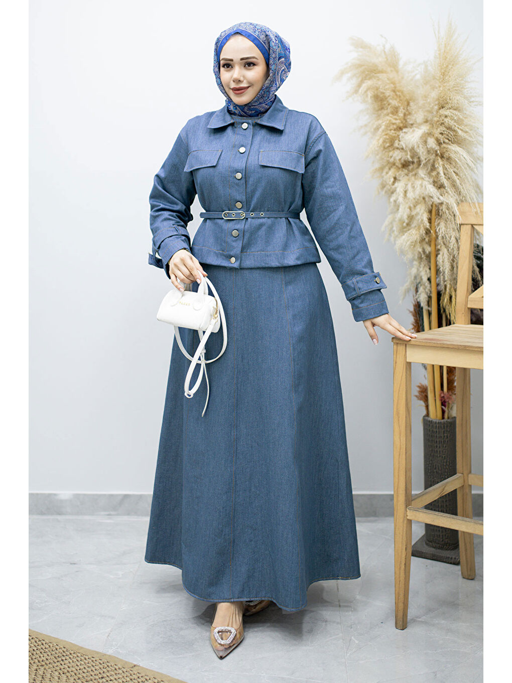 Kemerli Ceketli Denim Elbise TSD260164 Açık Mavi-2