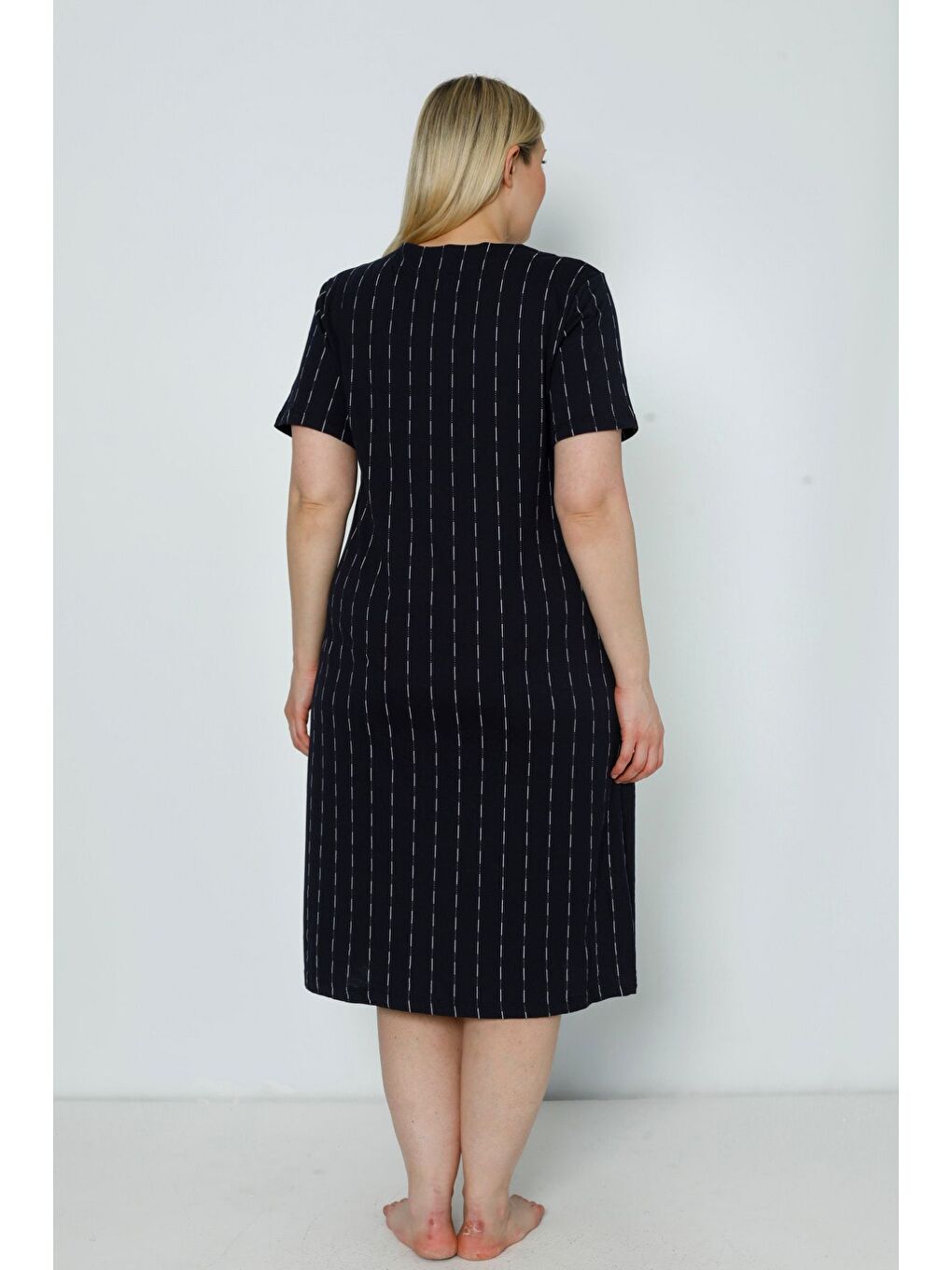 Lacivert Çizgi Desenli Şeritli Cepli Pamuklu Büyük Beden Kısa Kollu Elbise-3