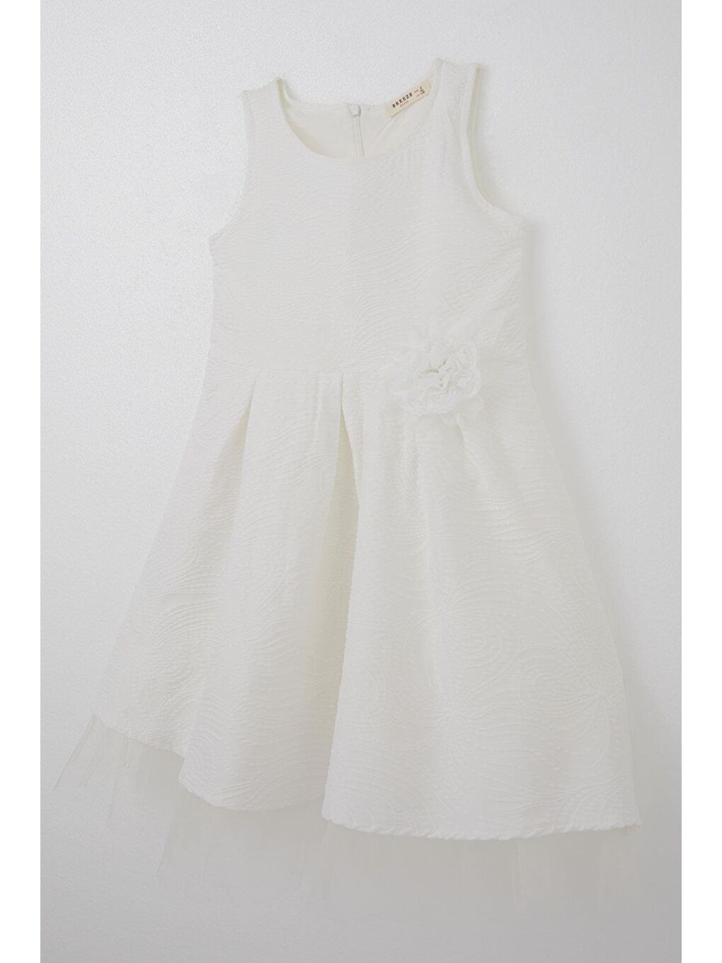 Kız Çocuk Elbise Kabartma Desenli Çiçek Aksesuarlı Ekru (8-12 Yaş)-2