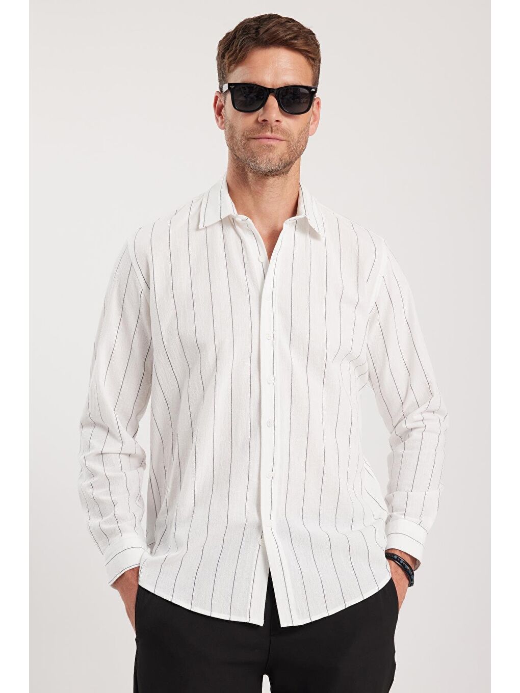 Karışık Erkek Regular Fit Klasik Kesim Spor Yaka Çizgili Pamuk Gömlek-4
