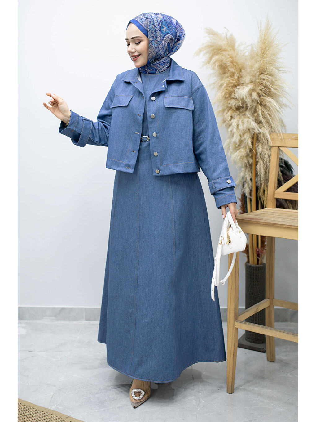 Kemerli Ceketli Denim Elbise TSD260164 Açık Mavi-4