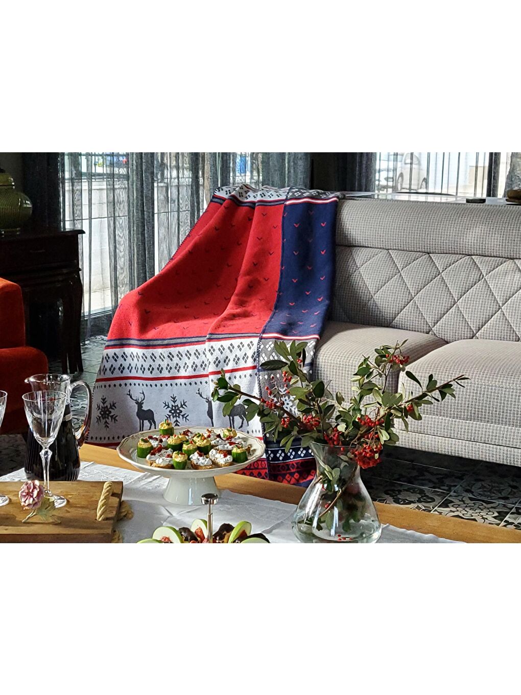 Beyaz Tek Kişilik Pamuklu Battaniye 150x200 Carmelo Lacivert